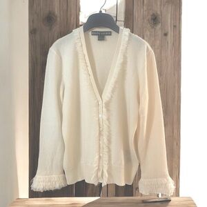 Ralph Lauren Black Label Cashmere V-Neck Ruffled Ivory Cardigan -M-L